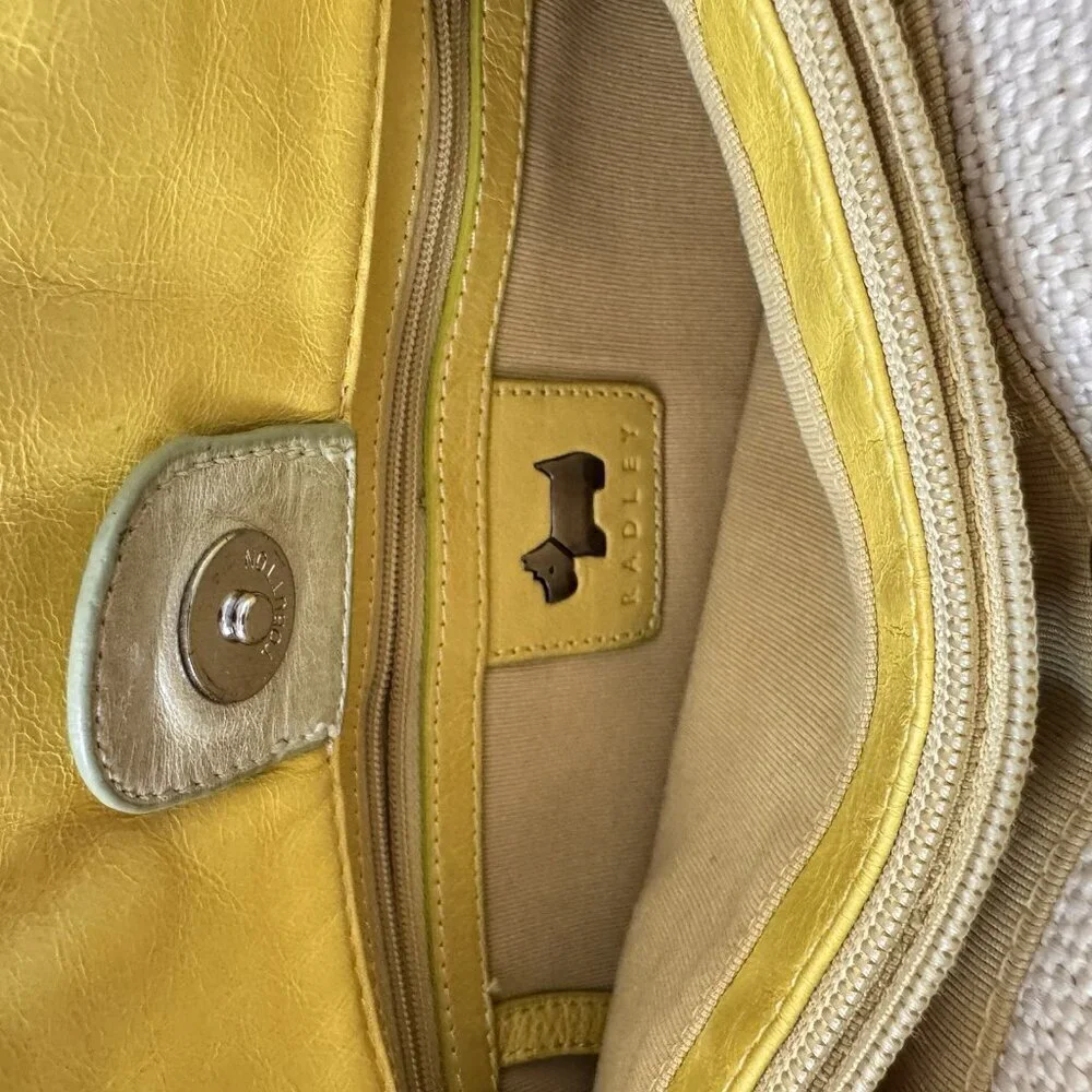 RADLEY STUNNING WOVEN CONTRAST YELLOW LEATHER GREEN STITCH TRIM TOP HANDLE TOTE